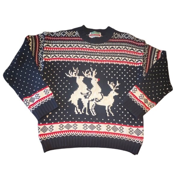 Festified 3XL Reindeer Threesome Sweater Navy Holiday Ugly Christmas Knit  NWT - Picture 2 of 9